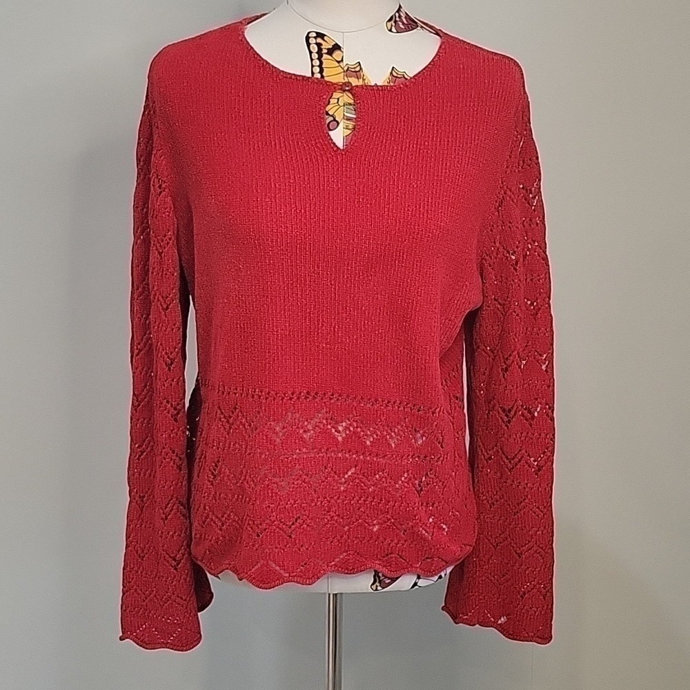 220 Hickory red Y2K chenille sweater wide sleeves, scalloped hem.  Size Large.